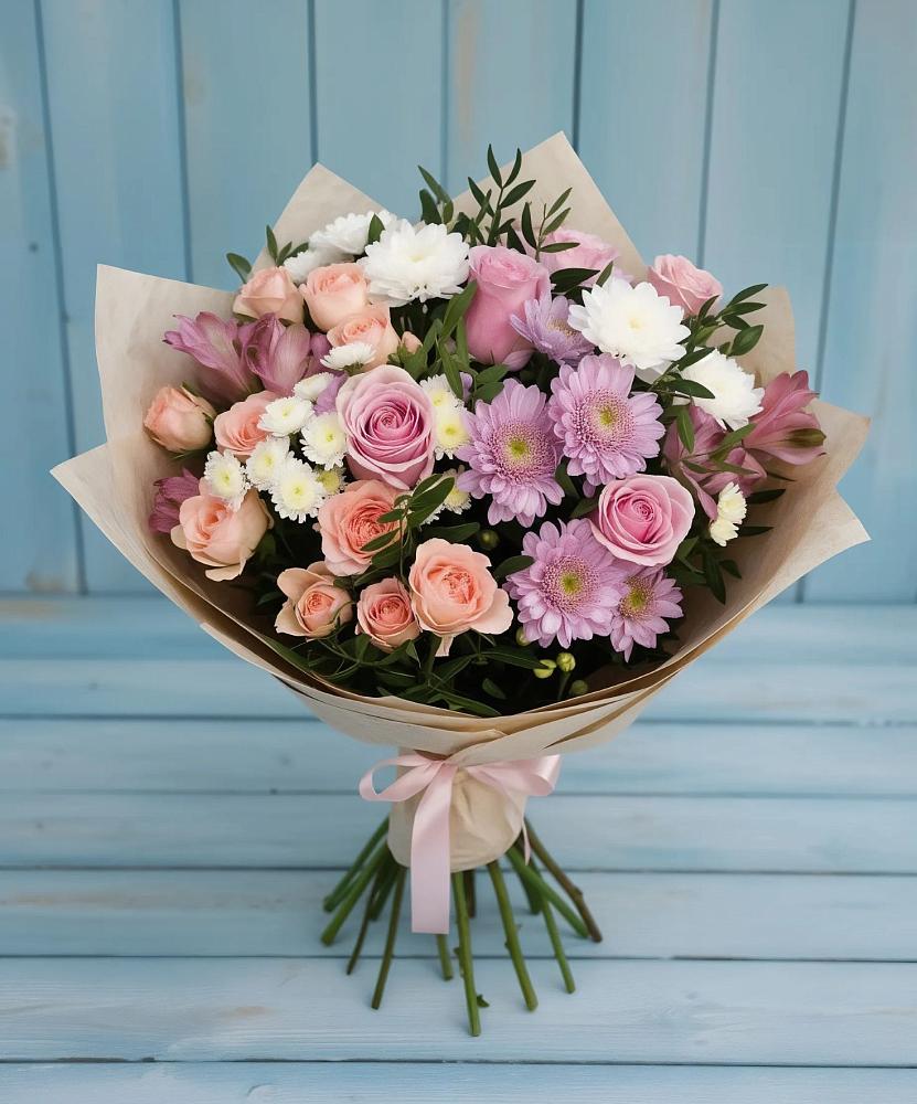 Букет цветов из: Хризантемы, Розы и Альстромерии в Мендюкино