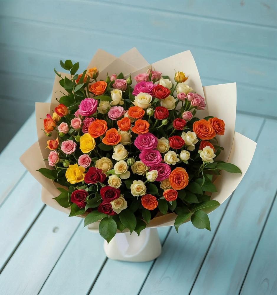 Букет Микс из разноцветных кустовых роз в Мендюкино