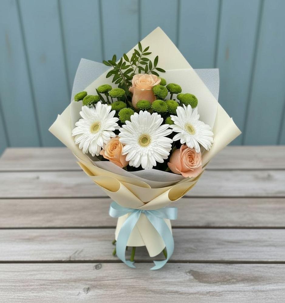 Букет цветов из: Герберы, Розы и Хризантемы в Мендюкино