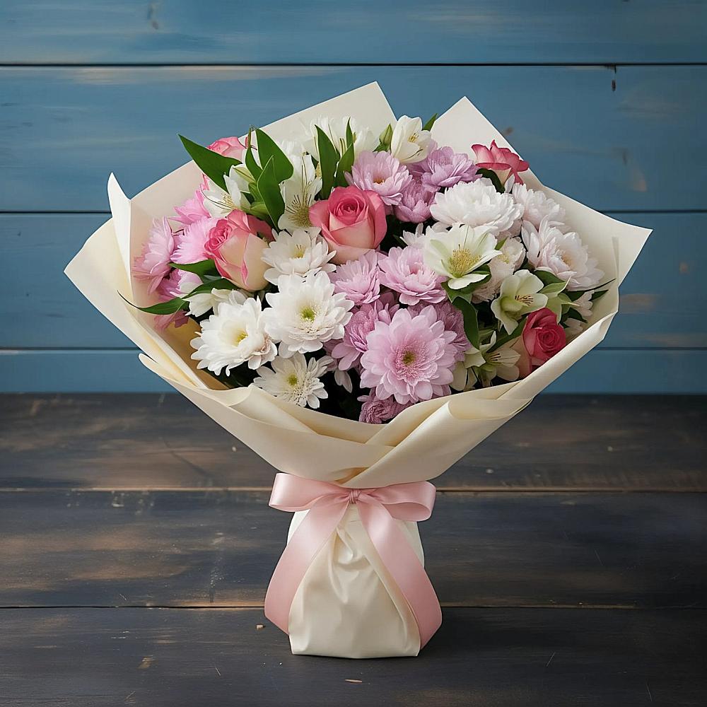 Букет цветов из: Хризантемы, Альстромерии и Розы в Мендюкино